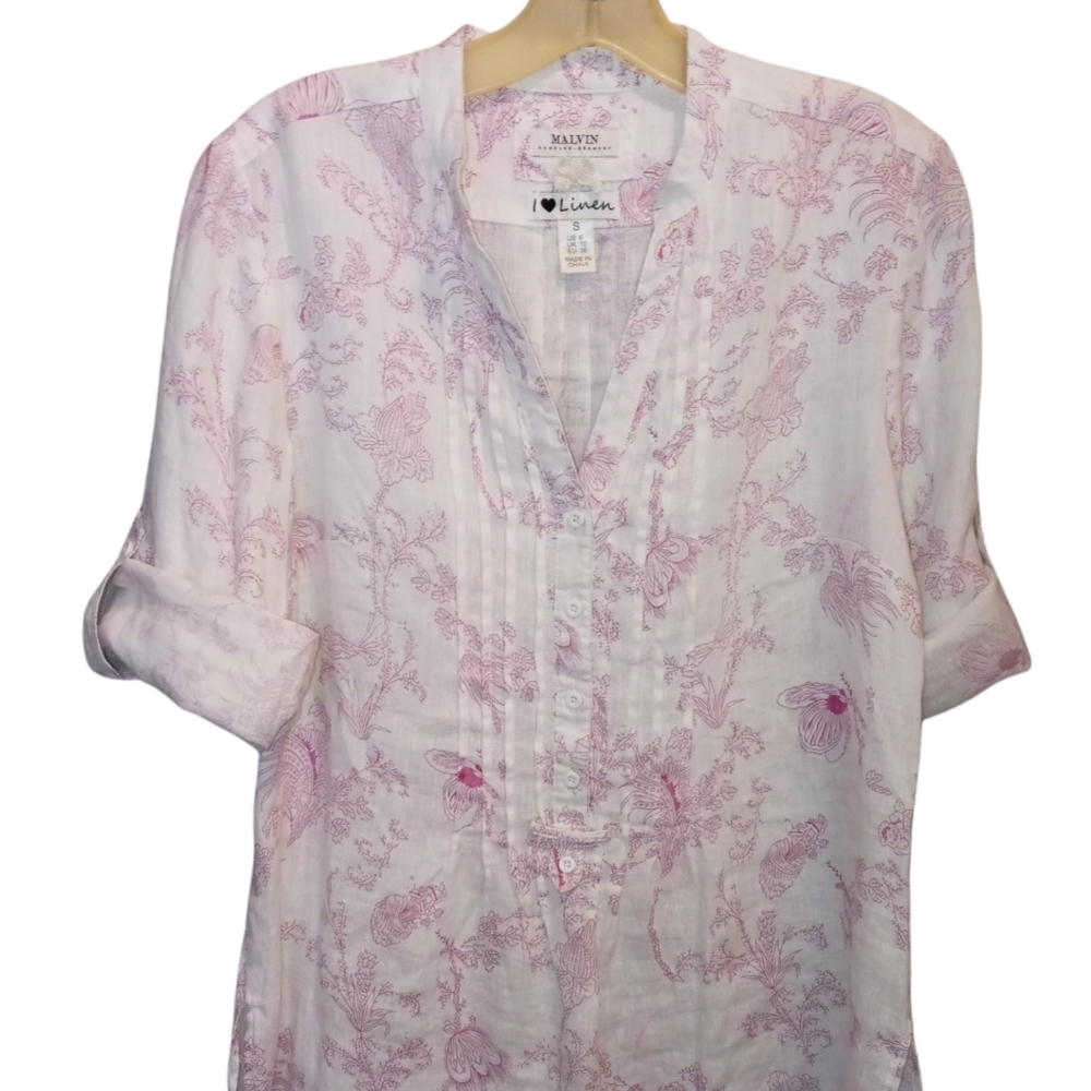 100% Linen Women's Sz S US 6 White I Love Linen Floral Printed Roll sleeve Tunic